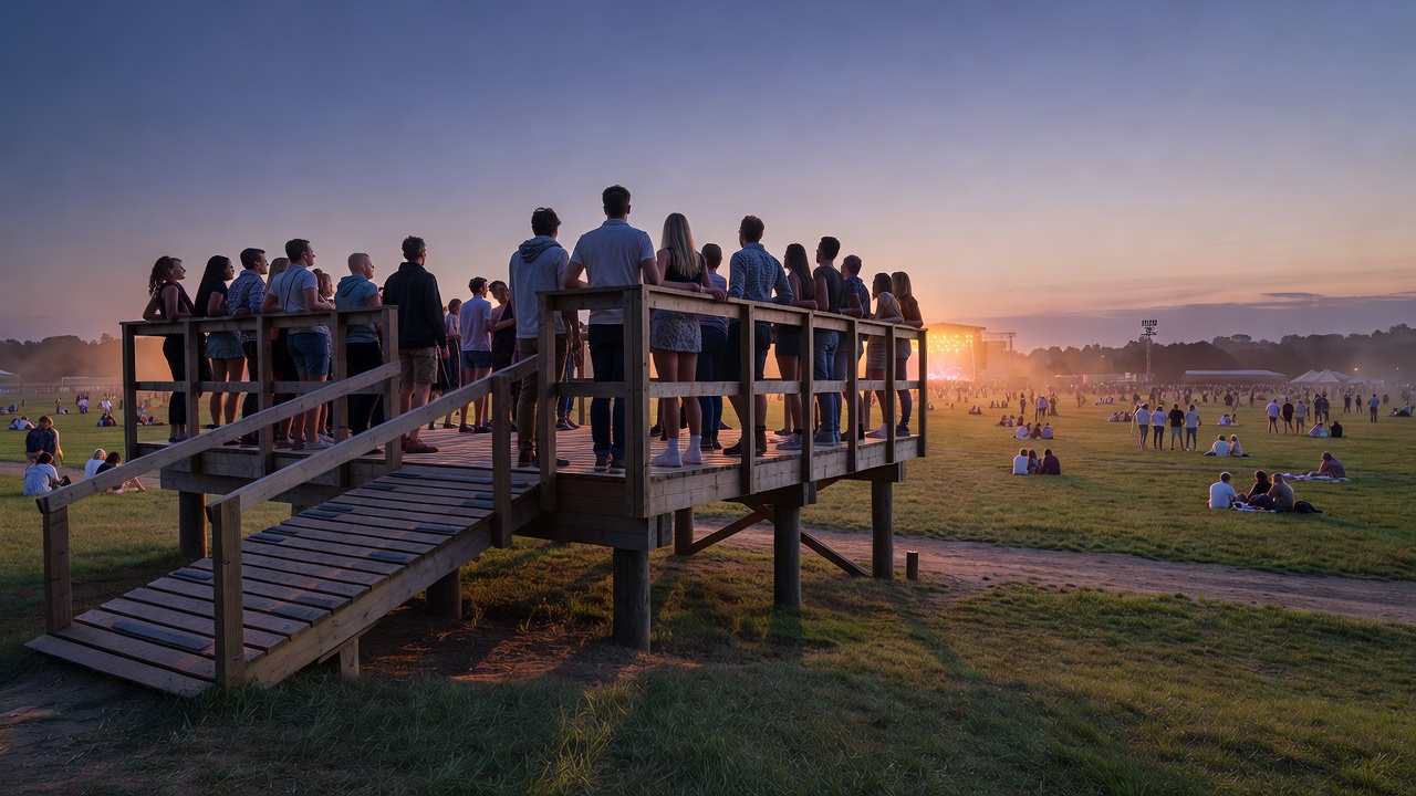 A raised viewing platform beside a festival field under soft evening stage light