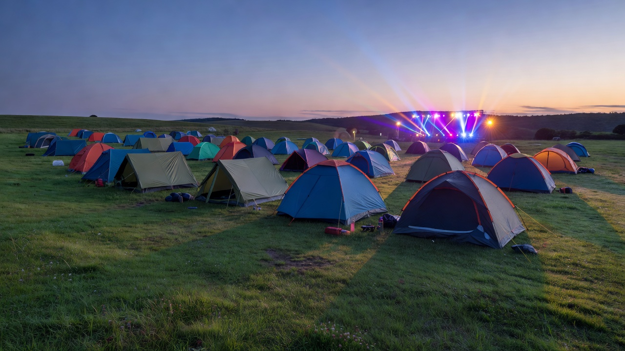 Rows of tents on a grassy campground at dusk with stage lights glowing in the distance