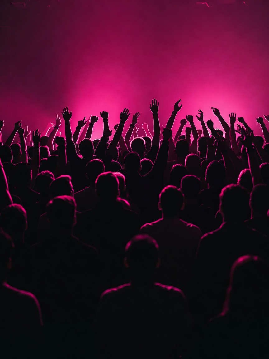 Anonymous crowd silhouettes with raised arms against a magenta stage glow