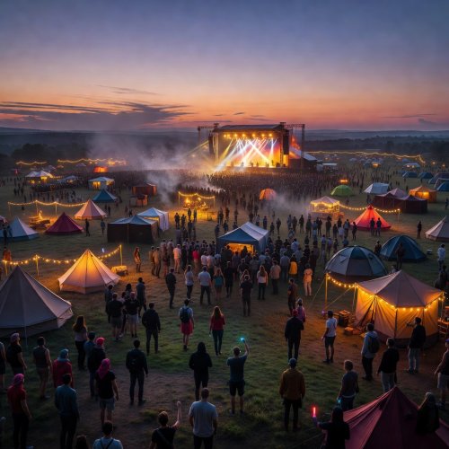 Festival grounds at dusk with distant tents and a lit stage on the horizon