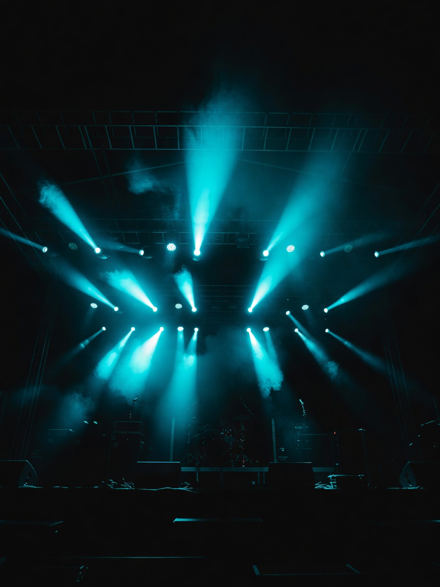 Cyan stage light beams cutting through haze above a dark festival stage
