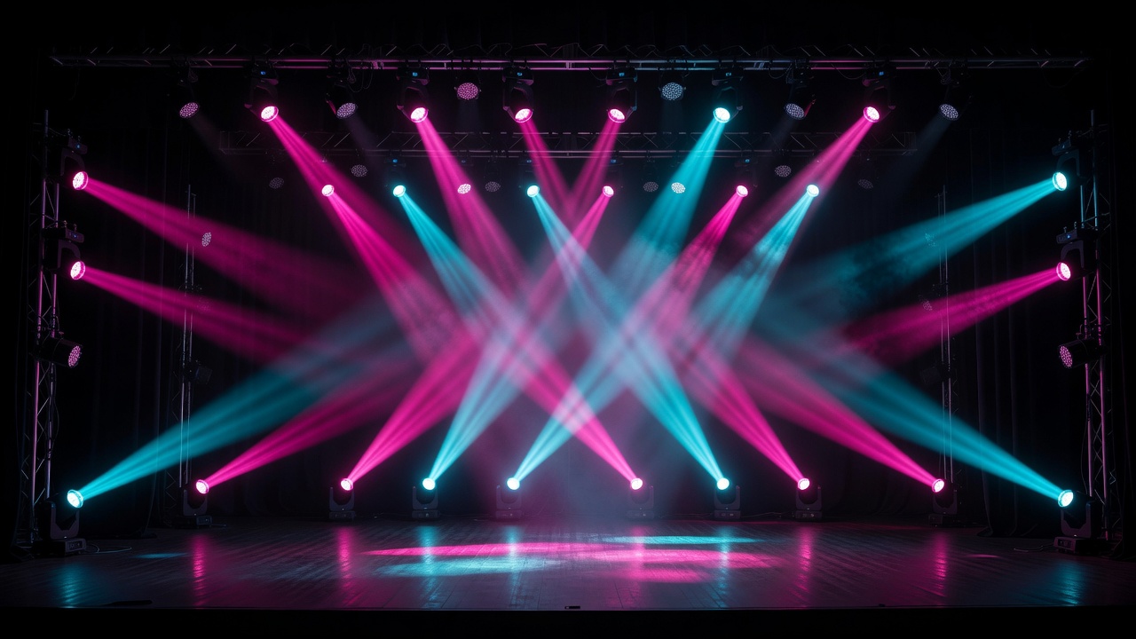 Crossed pink and cyan light beams over an empty stage before a set begins
