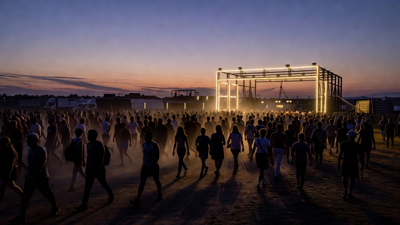Silhouetted festivalgoers walking toward a lit exit gate at dusk